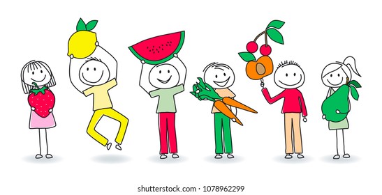 Healthy Snack - Various stick figures hold fruits and vegetables in hand on white background