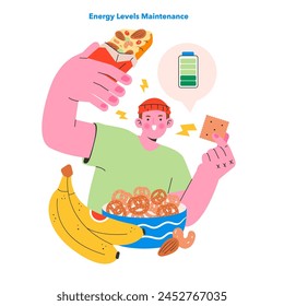 Healthy Snacking concept. Choices for sustaining energy with smart food options. Balanced diet, nuts, fruits, energetic lifestyle. Vector illustration.