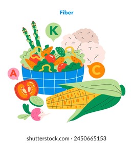 Concepto de bocadillos saludables. Una colorida variedad de alimentos nutritivos ricos en vitaminas A, C, K y fibra. Los productos frescos promueven una dieta equilibrada. Ilustración vectorial.