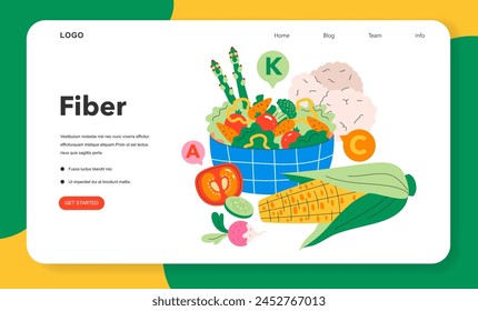 Healthy Snacking concept. A colorful array of high-fiber foods, with vitamins A, C, K labels, promoting a nutritious diet. Vector illustration.