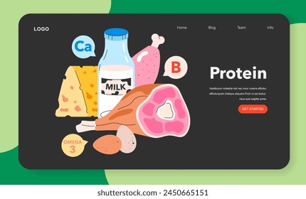 Healthy Snacking concept. Nutritious foods rich in protein, vitamins, and omega-3 for a balanced diet. Educational dietary web banner. Vector illustration.