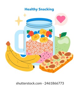 Healthy Snacking concept. A selection of nutritious snacks including a fruit parfait, banana, apple, and almond bars. Nutritional choices for wellbeing. Vector illustration.