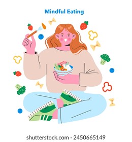 Healthy Snacking concept. Woman enjoying a bowl of nutritious food, surrounded by fresh produce icons. Balanced diet and wellness lifestyle. Vector illustration.