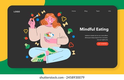 Healthy Snacking concept. A woman enjoys mindful eating, surrounded by wholesome food choices. Balanced diet and wellness lifestyle. Vector illustration.