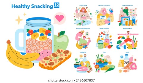 Healthy Snacking set. A colorful array of illustrations promoting balanced nutrition and wellness routines. Nutrient-dense food choices, mindful consumption habits. Vector illustration