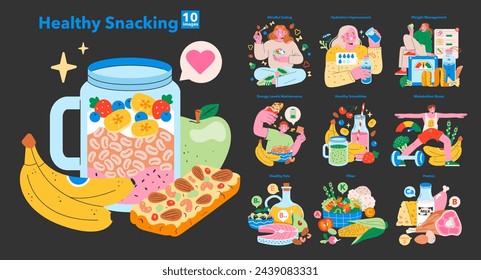 Healthy Snacking set. A colorful array of illustrations promoting balanced nutrition and wellness routines. Nutrient-dense food choices, mindful consumption habits. Vector illustration