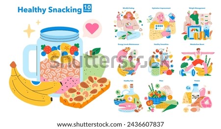 Healthy Snacking set. A colorful array of illustrations promoting balanced nutrition and wellness routines. Nutrient-dense food choices, mindful consumption habits. Vector illustration