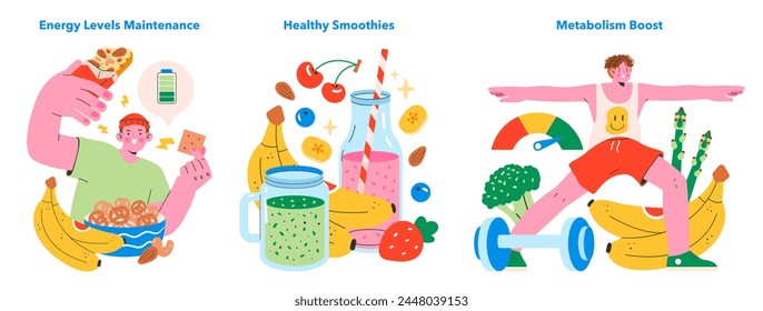 Healthy Snacking set. Portraying energy sustenance, nutritious smoothies, and metabolism enhancement. Choices for well-being and active lifestyle. Vector illustration.