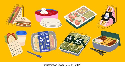 Healthy snacks and food delivery. Sandwich, salad, sushi burger, ready meals, soup, coffee. Plastic packs, lunchbox containers and bags for food to go. Flat vector illustration