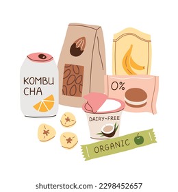 Healthy snacks hand drawn composition, doodle icons of organic vegan food and drinks, vector illustrations of kombucha, dairy-free dessert, scene with dried fruit, sugar free sweets, colored clipart