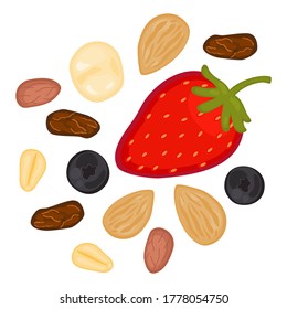 Healthy snacks illustration theme . Top view of nuts, strawberry, raisin, blueberry, almond, macadamia, peanut. 