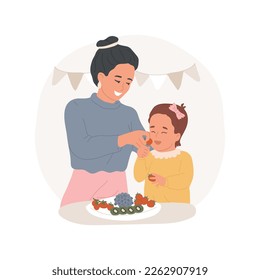 Healthy snacks isolated cartoon vector illustration. Young mom feeding her kid with snacks, child eating fruit and vegetables, family healthy lifestyle, food habits vector cartoon.