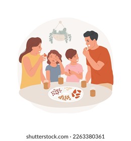 Healthy snacks isolated cartoon vector illustration. Happy family members eating snacks, baby carrots and nuts, healthy lifestyle, good food habits, diet support vector cartoon.