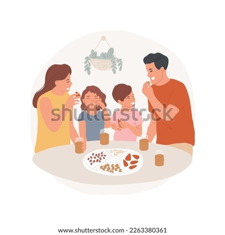 Healthy snacks isolated cartoon vector illustration. Happy family members eating snacks, baby carrots and nuts, healthy lifestyle, good food habits, diet support vector cartoon.