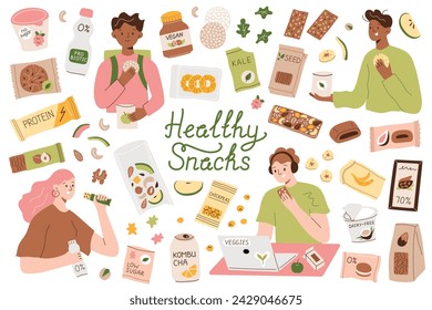 Healthy snacks, people eating granola bars and dried fruit, vegans with organic food, protein desserts, sugar free snack, natural health diet, vector illustrations of cartoon characters