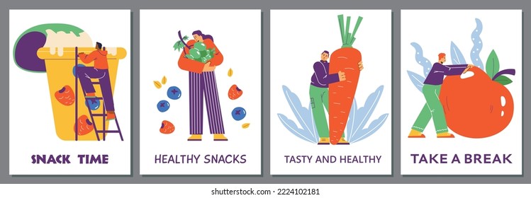 Healthy snacks posters set, flat vector illustration. Abstract people carrying and hugging fresh fruits and vegetables. Concept of healthy diet and nutrition. Characters with apple, carrot, grapes.