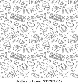 Healthy snacks, protein bars, nuts, dried fruit. Hand drawn seamless pattern. Doodle ornament of  sugar free candies icons, vector illustrations of organic food on white background, outline pattern