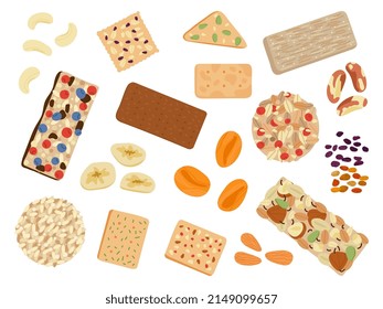 Healthy snacks set. Muesli bars, brazil nuts and seeds. Granola, nut mix and crackers with herbs. Isolated vegan kit fast food decent vector collection