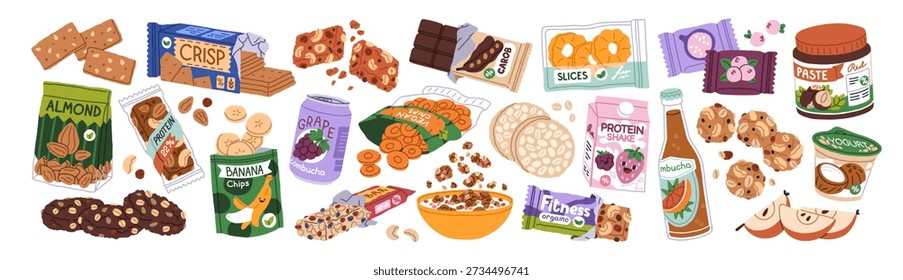 Healthy snacks set. Natural diet food. Granola, energy bar, cereal and nuts, rice cakes, yogurt, fitness protein cookie, drink in packages. Flat vector illustration isolated on white background.