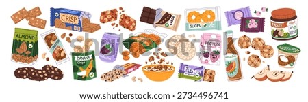Healthy snacks set. Natural diet food. Granola, energy bar, cereal and nuts, rice cakes, yogurt, fitness protein cookie, drink in packages. Flat vector illustration isolated on white background.