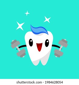 healthy sparkling tooth cartoon character covered with toothpaste and d doing exercises with dumbbells on blue background