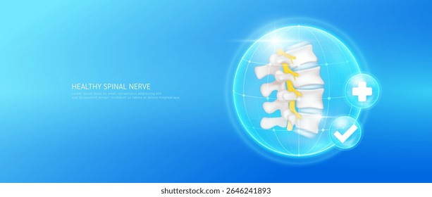 Nervo espinhal saudável dentro da cúpula de bolha transparente com marca de verificação e sinal de adição no fundo azul. Forte anatomia da articulação da cartilagem vertebral. Conceito de assistência médica. Vetor 3D EPS10.
