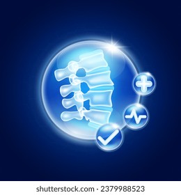 Healthy spine bone inside glass bubbles glowing with medical icon cross sign, Heart pulse and Check mark. Medical health care innovation. Human anatomy organ translucent on blue background. Vector.