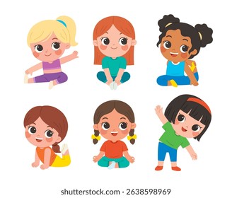 Healthy sport activity. Children exercising yoga. Kids in asana and gym poses. Stretching exercise lesson for kids.
