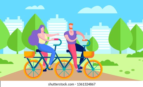 Healthy Sport Activity for Two Flat Happy Family Cycling Banner Married Couple or Friends Riding Bike Together on City Park Landscape Vector Illustration Holidays, Recreation, Leisure in Summer
