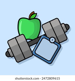 Healthy Sport Concept, Dumbbell, Apple and Bottle Cartoon Icon Illustration. sports exercises, training equipment, time for fitness exercise and healthy lifestyle, flat vector illustration.