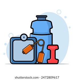 Healthy Sport Concept, Dumbbell, Apple and Bottle Cartoon Icon Illustration. sports exercises, training equipment, time for fitness exercise and healthy lifestyle, flat vector illustration.