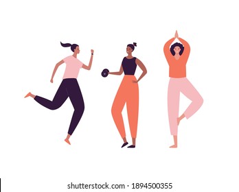 Healthy sport lifestyle concept. Vector flat illustration set. Group of different ethnic women character doing exercise. Dumbbell weight lift, yoga asana, runner female person collection.