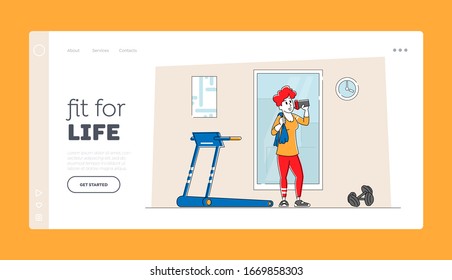 Healthy Sport Lifestyle Landing Page Template. Athletic Sports woman Character Drinking Refreshing Fresh Water after Running on Treadmill and Fitness Sports Activity in Gym. Linear Vector Illustration