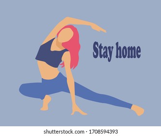 Healthy sport young girl doing yoga and stretching body. Stylish vector flat illustration hand drawn icon poster banner. Design advertising business card for fitness club