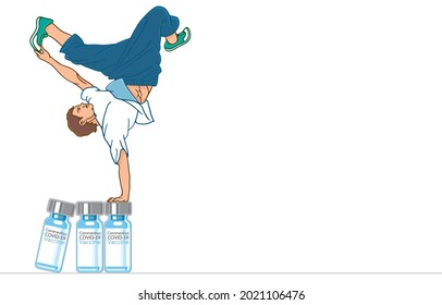 Healthy sports, ssportsmen performing L-kick in air or b-boy dancing break dance, standing one hands on large bottles of COVID-19 vaccine, Overcome obstacles, pandemic of mutant coronavirus concept.