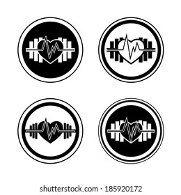 Healthy sports vector heart, barbells and pulse pictogramm