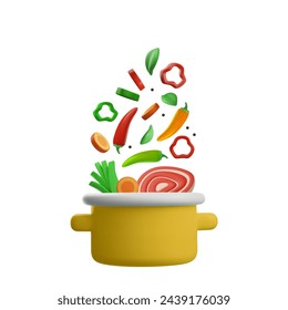 Healthy stew recipe. 3D vector image of vegetables and spices going into a pan, yellow, for making soup or stew. Visualization of the cooking process, healthy eating.