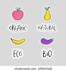 Healthy sticker, embroidery, badges  with fruits and vegetables. Quality vector illustration about diet, eco food, benefits of vegan and nutrition concept.