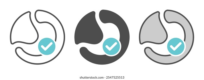 Healthy stomach graphic icon set. Stomach and check mark sign in a circle isolated on white background. Vector illustration