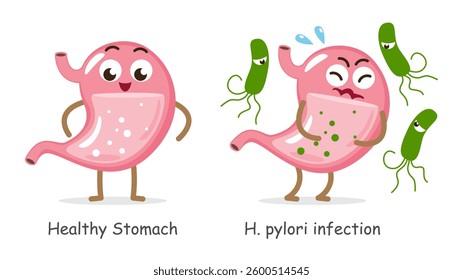 Healthy stomach and Helicobacter pylori infected stomach . Cute medical cartoon characters . White isolated background . Vector .