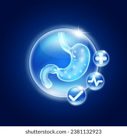 Healthy stomach inside glass bubbles glowing with medical icon cross sign, Heart pulse and Check mark. Medical health care innovation. Human anatomy organ translucent on blue background. Vector.