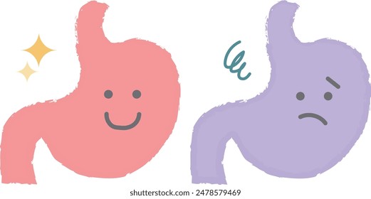 Healthy stomach and unhealthy stomach hand-drawn characters