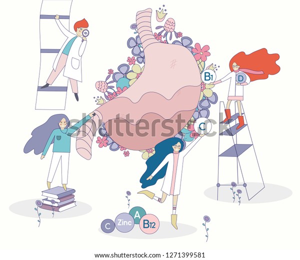 Healthy stomack vector with flowers on the background. Four doctors and nurses looking for the right vitamins for stomack functioning. Illustration of elements and minerals in pastel colors.