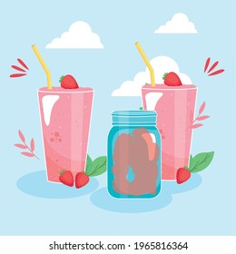 Healthy strawberries smoothies glasses and jar