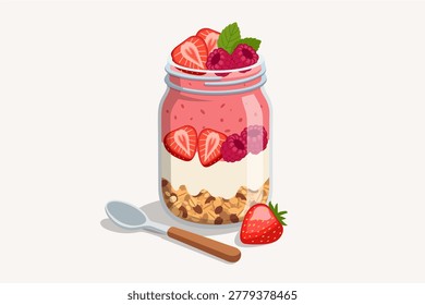 Healthy Strawberry and Raspberry Smoothie Parfait with Granola and Yogurt