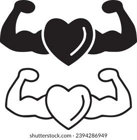 Icono sólido de corazón saludable y fuerte, concepto de gimnasio, signo de salud fuerte sobre fondo blanco, corazón con icono de brazos musculares en estilo glifo para concepto móvil y diseño web