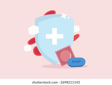 Healthy strong  immune system shield protecting blood cells from HIV, AIDS viruses. Condom and PrEP pills as a prevention methods. Vector illustration in flat style.