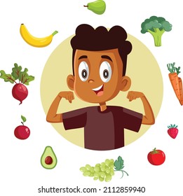 
Healthy Strong Little Boy Eating Healthy Concept Cartoon Illustration. Happy child eating natural and organic foods 
