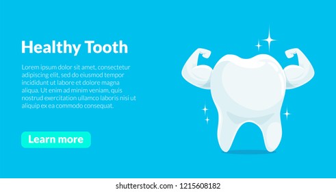 Healthy Strong Muscle Tooth Isolated on Blue Background Web Banner with Text and Learn More Button. Cartoon Character for Dentistry Design Concept Vector Illustration 