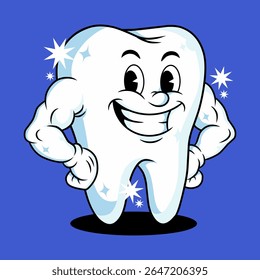 a healthy, strong, and sparkling white tooth, embodying the theme of oral and dental health.Retro cartoon mascot 